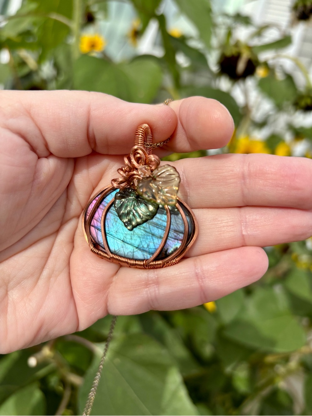 Handcrafted Copper Wire Labradorite whimsy Pumpkin Pendant Necklace